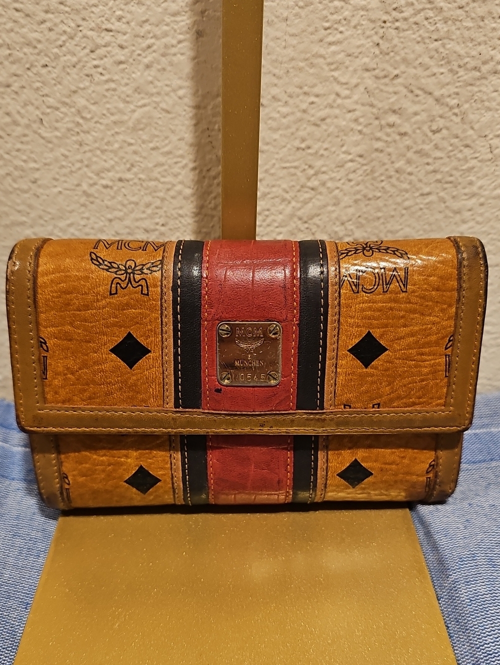MCM Cognac & Red Stripe Logo Continental Wallet